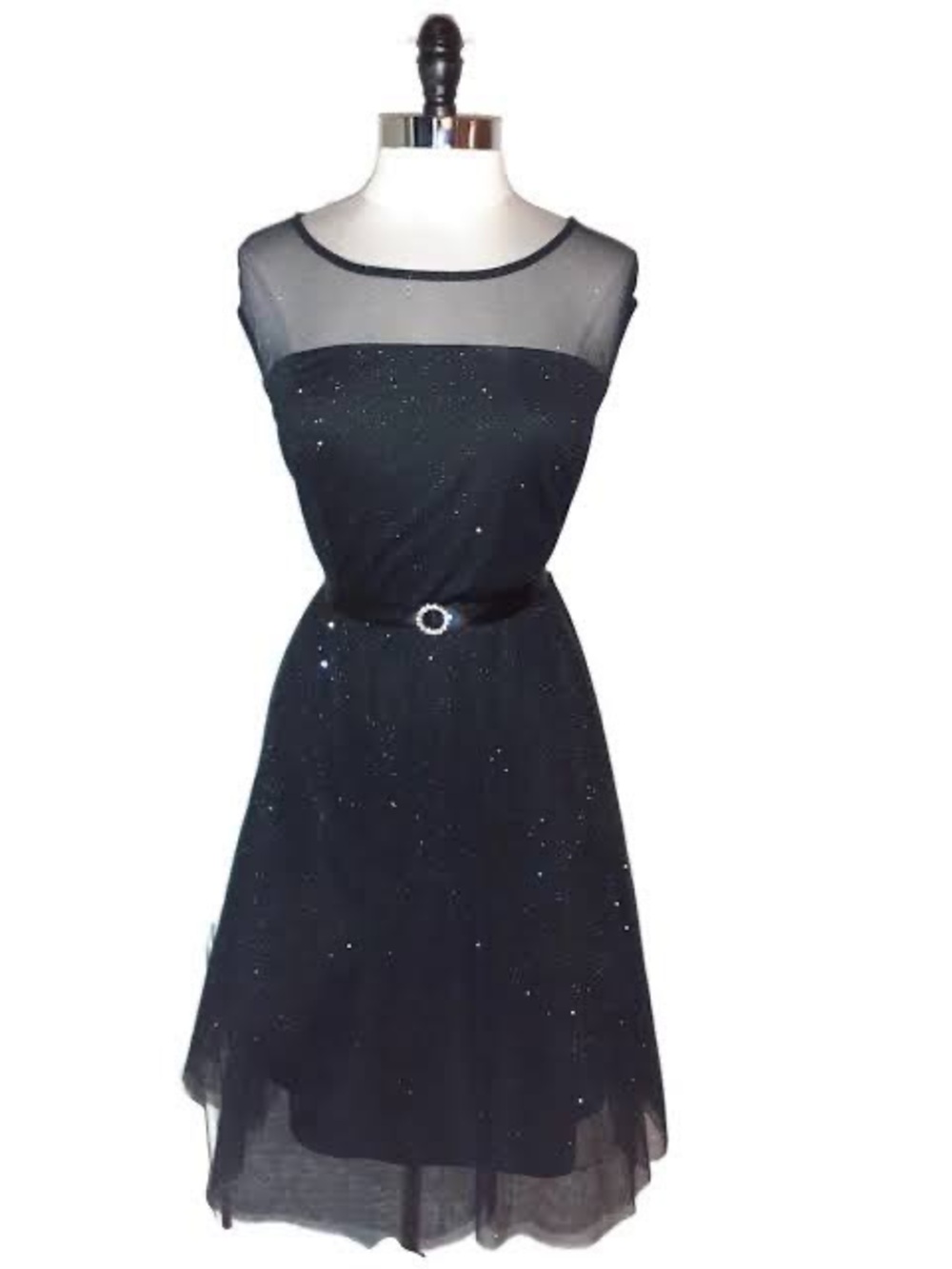 Black Sheer Yoke Midi Dress with Sparkle and Belt
